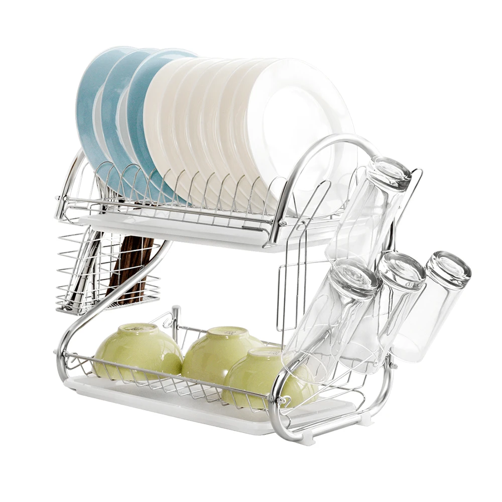 

ORZ0531 2-Tier Dish Drainer Compact Dish Drying Rack drip organizer sink pantry plate dishes, Silver