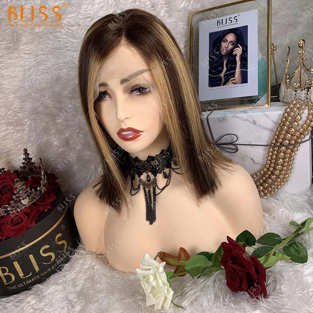 

Bliss Highlight Piano Color Human Hair Bob Lace Frontal Wig Ombre Short Wig Highlight Honey Brown Side Part Lace Front Wig