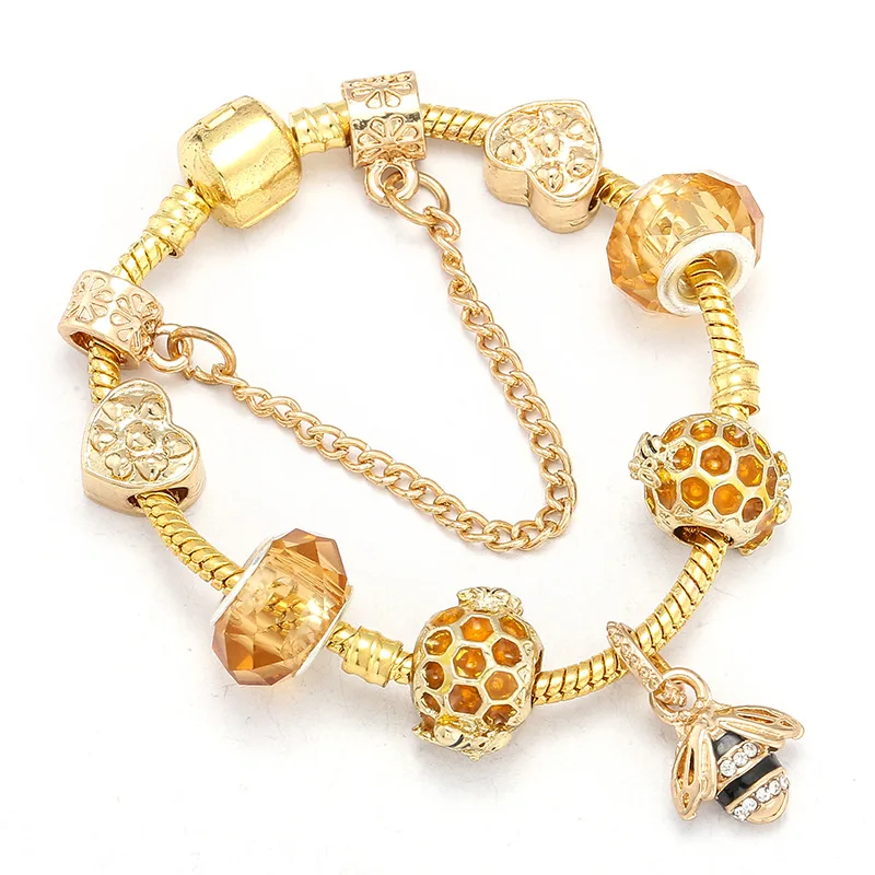 

Fashion DIY Jewelry Gift Luxury Gold Color Crystal Bees Charm Bracelet Murano Heart Glass Beads Fine Bracelet For Women, As picture
