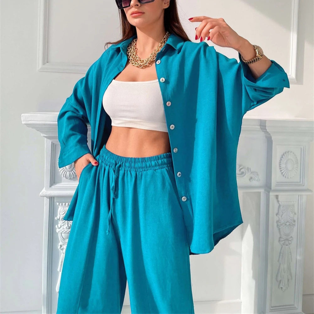 

Spring new casual suit solid color lapel long-sleeved shirt top harem pants two-piece set women set