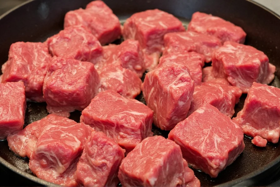 Close-up of cubed chuck roast steak pieces ready for browning in cast iron skillet