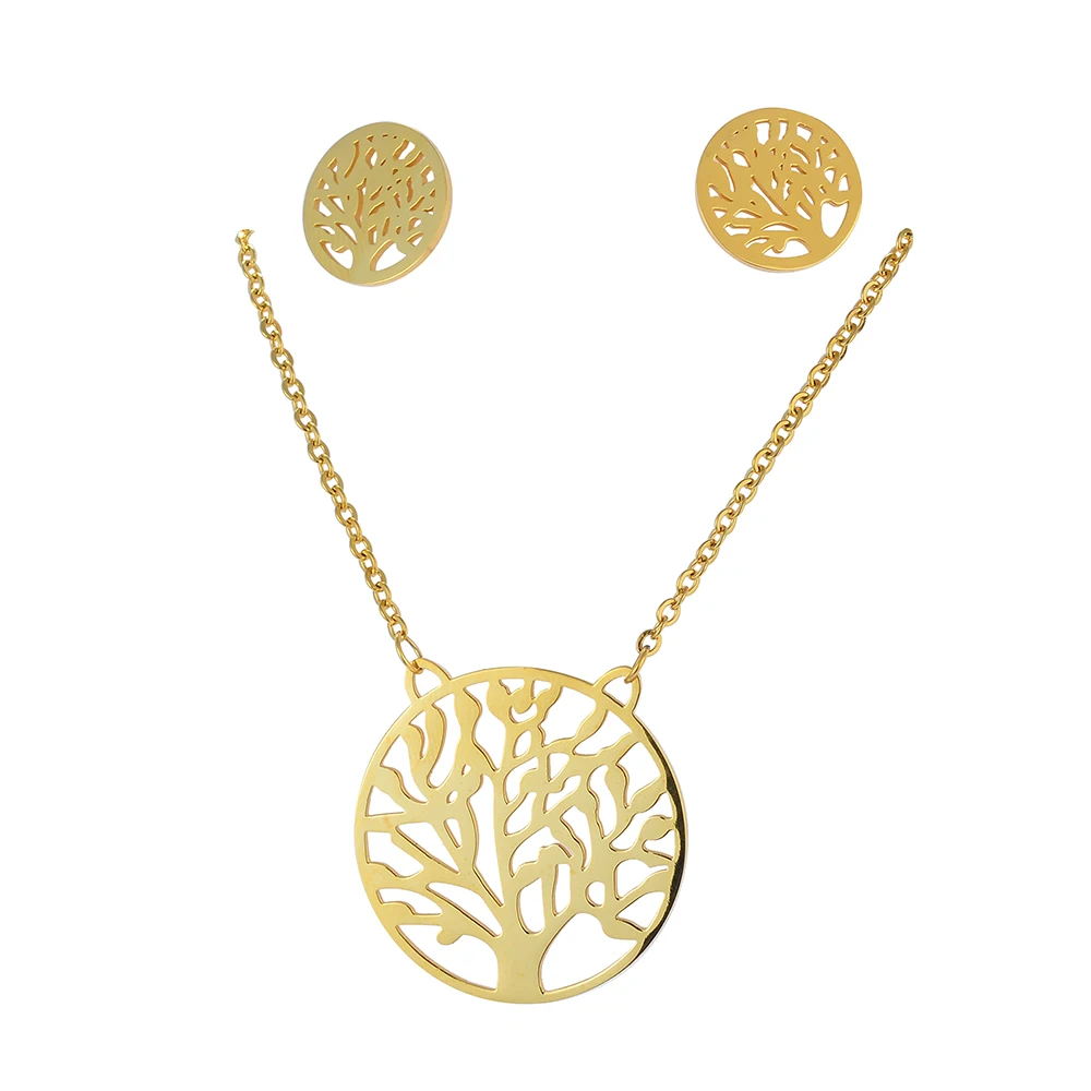 

Gold plated life of tree necklace and earring in stainless steel jewelry set, Blue