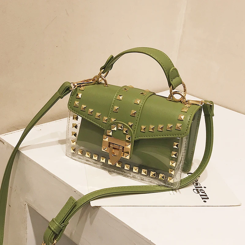 

New Custom Rivet Jelly Hand Bags Fashion Crossbody Pvc Candy Jelly Bag with Handle, Black,red,brown and customzied