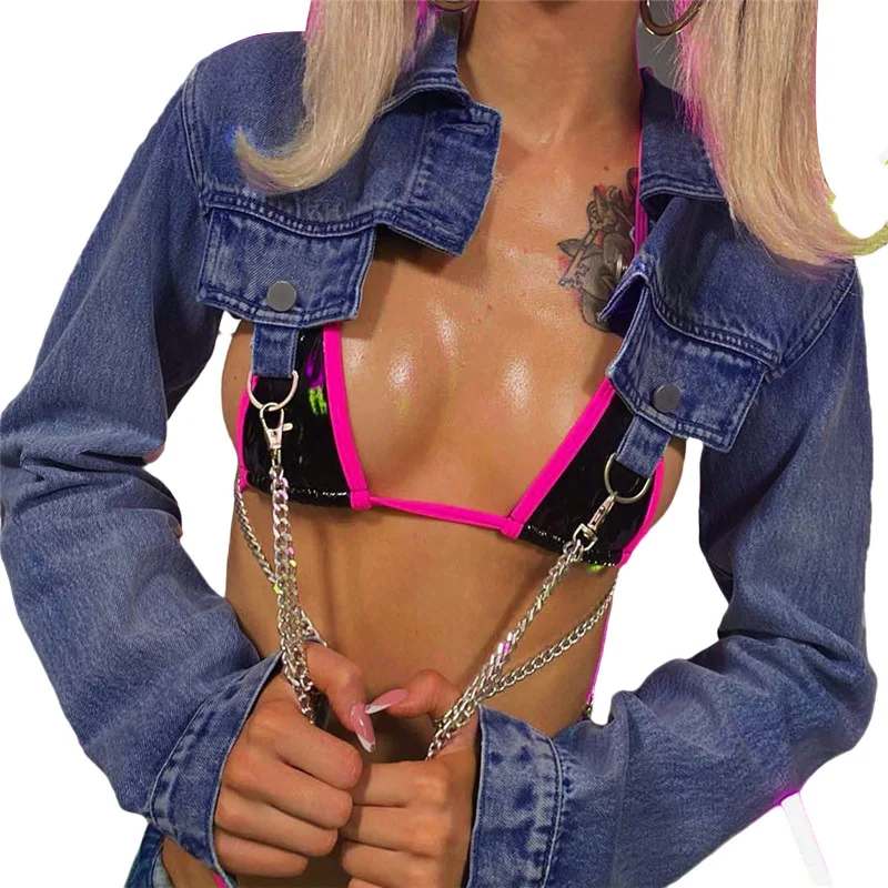 

Autumn Winter Clothing Womens Denim Jacket Long Sleeve Crop Top Fashion Appearel Women Chain Tops Hollow Out dENIM Women Coats, As picture