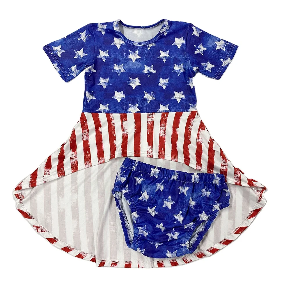 

2021 Wholesale stylish and elegant independence day set Girls' Clothing Sets 4th of July Hi-Lo Dress and Shorts Set Customized, #1