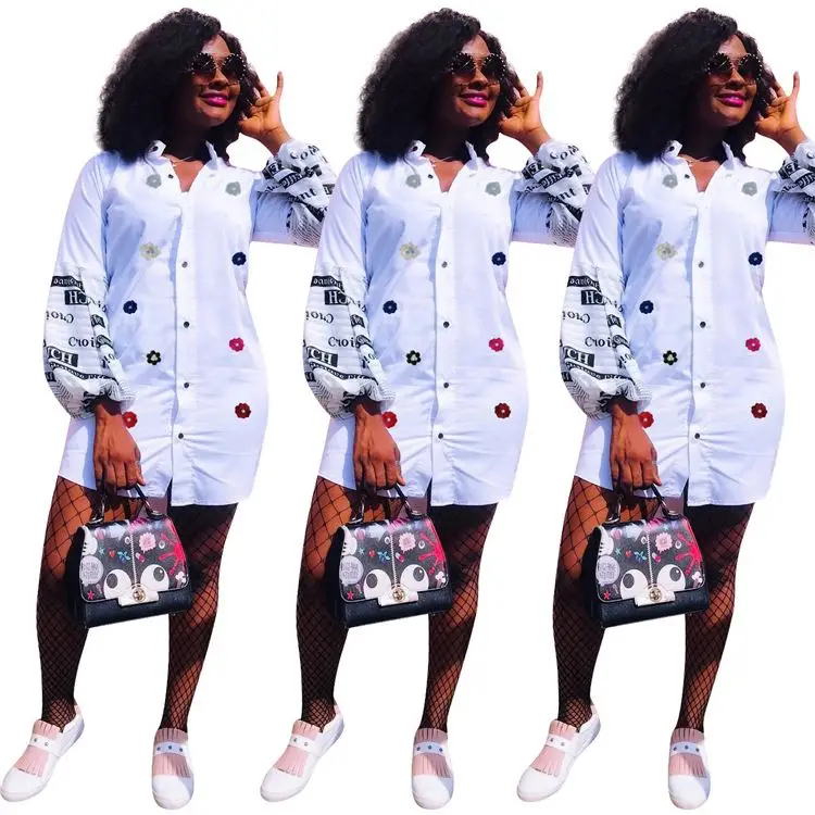 

0819M395 new arrival 2021 fashion embrodied single button woman long sleeve casual shirt dress, White