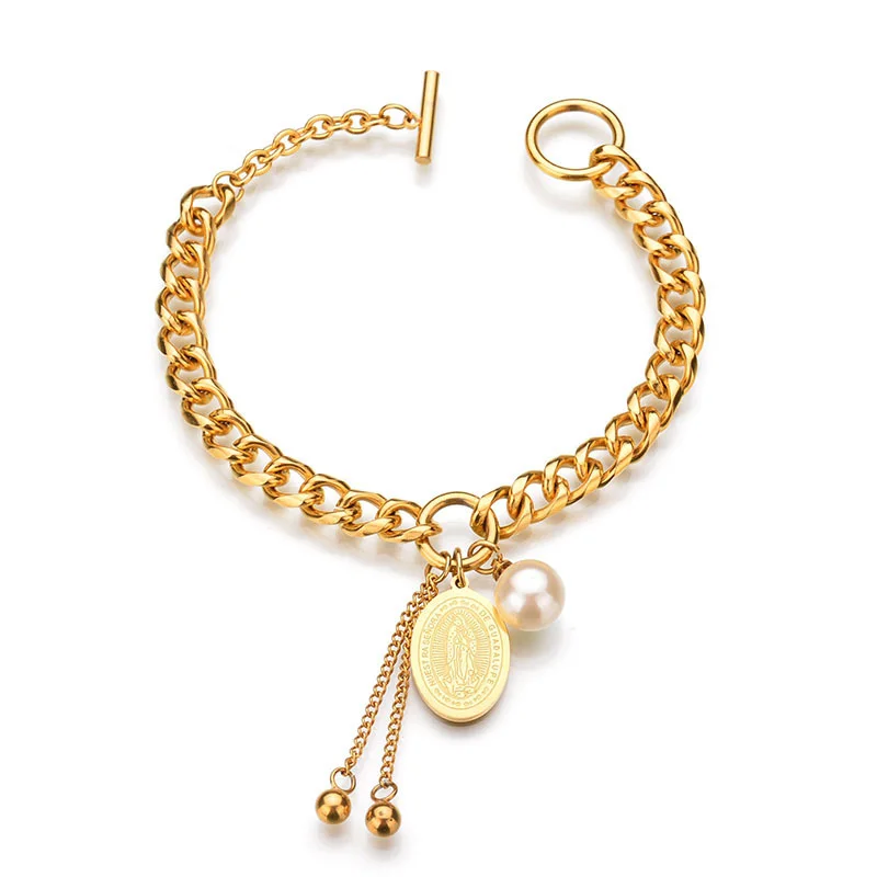 

Women pearl virgin mary coin gold plated stainless steel cuban link chain charm bracelet, Gold/customized