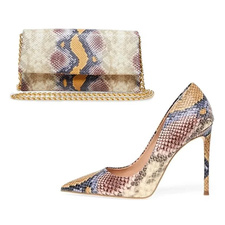 

Wholesale CUSTOM sexy ladies high heels with snake pattern handbag hot sale Italian shoes and bag sets, Brown