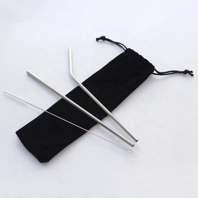 

Eco friendly food grade reusable metal drinking silver straws set in bulk for juice with pouch customized logo straw