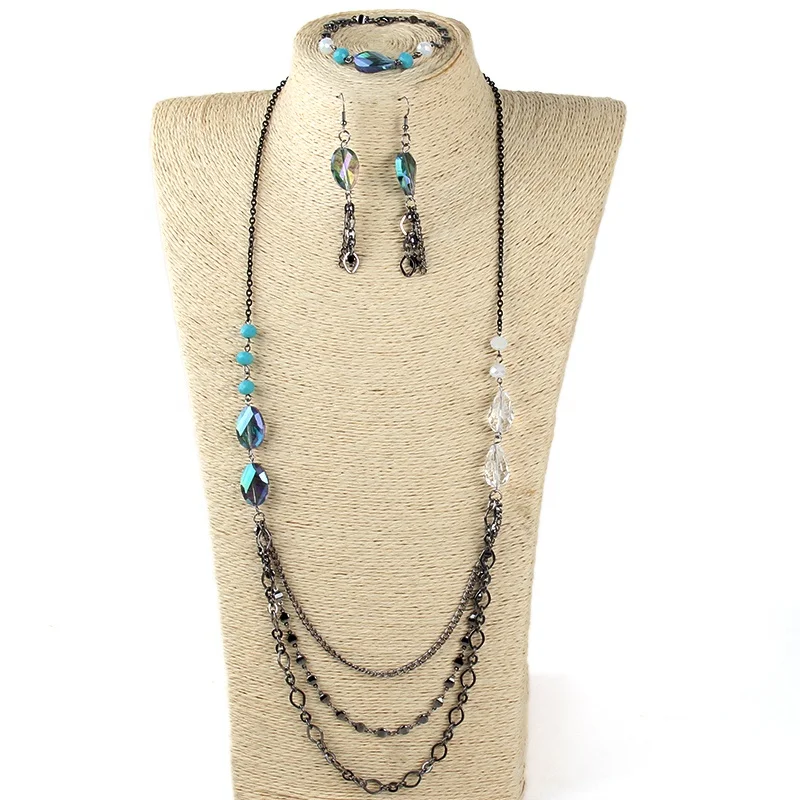 

Fashion Black Gun 3 Layer Link Chain Crystal Glass Necklace Bracelet Earring Set