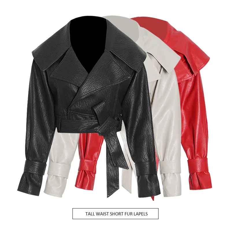 

Fall Winter Spring Solid Color Fashion Motorcycle Streetwear Women Jacket Pu Leather Bow Long Sleeve Thick Short Females Coat