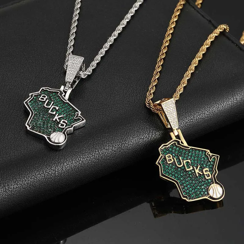 

European And American Men And Women Brass Irregular Necklace Jewelry Hip Hop Basketball Bucks Zircon Necklaces Pendant, Gold /silver