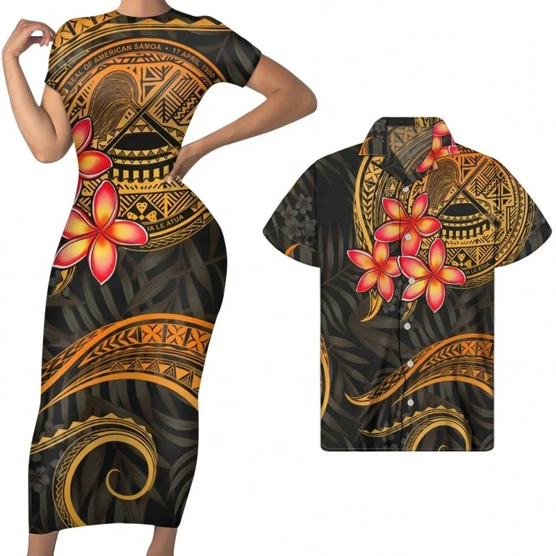 

Couples Matching Clothes Clothing Gold Plumeria Flolral American Samoa Tribal Polynesian Print Women Short Sleeve Maxi Dress, Customized color