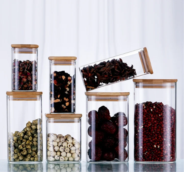 

High borosilicate glass square jar for food storage with bamboo lid, Transparent