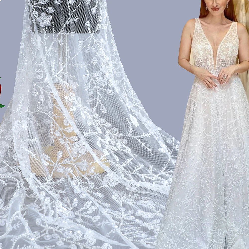 

MX845 2021 Wholesale Lace Champagne Beaded Fabric Flower Material Fabrics Mesh Embroidery Lace For Party Wedding Dress, Support custom colors