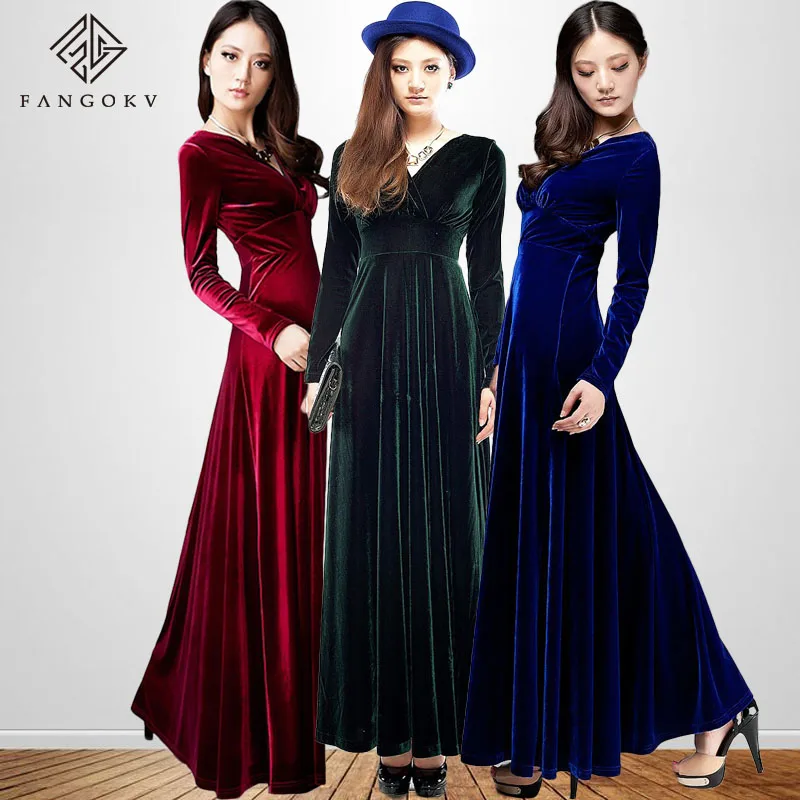 

Fall winter women velvet long sleeve evening dresses ladies V-neck elegant long dress for party, 5 colors