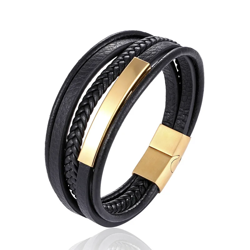 Handmade Trendy Men's Bracelet Stainless Steel Leather and Genuine Metal Woven Braided with Free Shipping