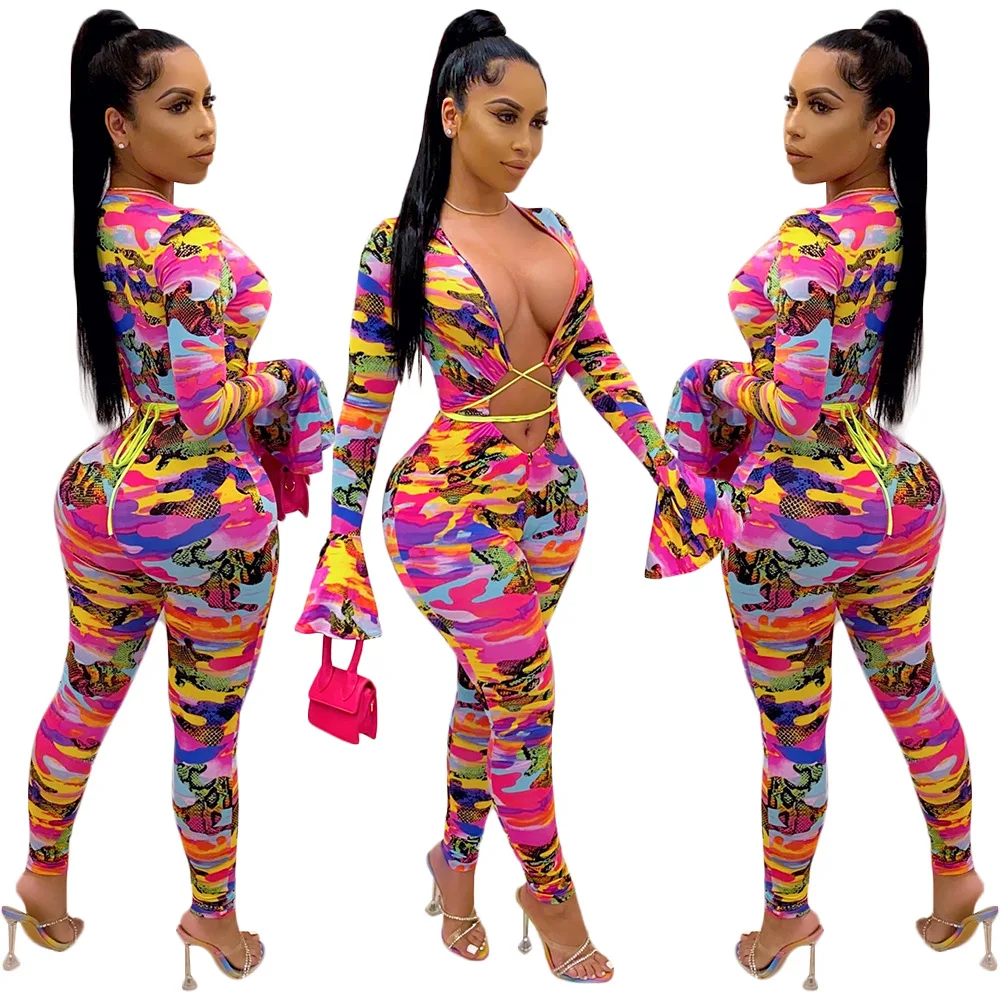 

N2556 2021 New Arrivals Women's Ladies Jumpsuit Sexy Hollow Out multicolor Bodycon Bandage Flare Sleeve Woman Jumpsuit