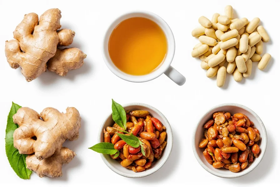 Variety of ginger preparations including fresh root, tea, capsules, and cooked dishes