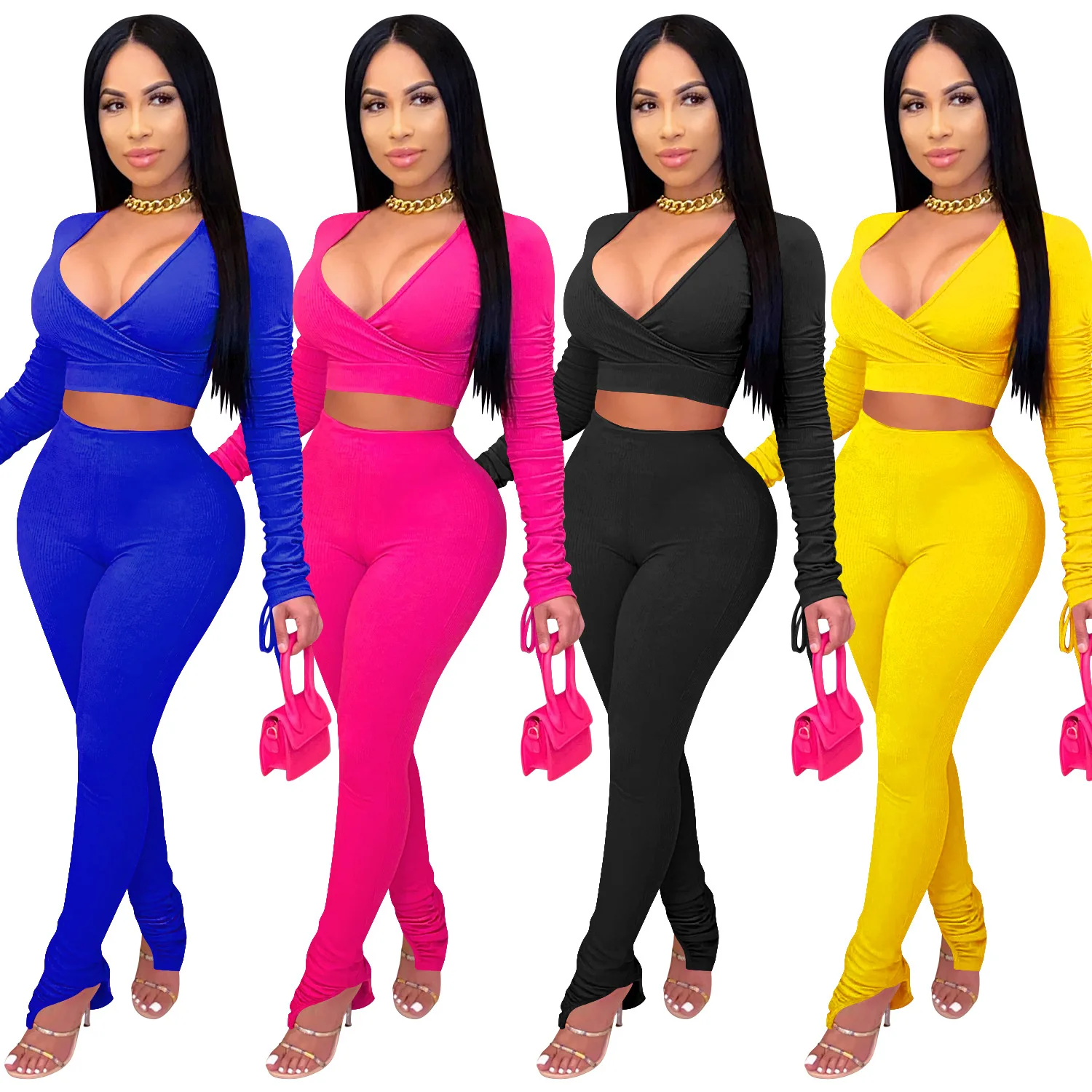 

2021 New winter heap heap sleeve v-neck two-piece pure color clothes women