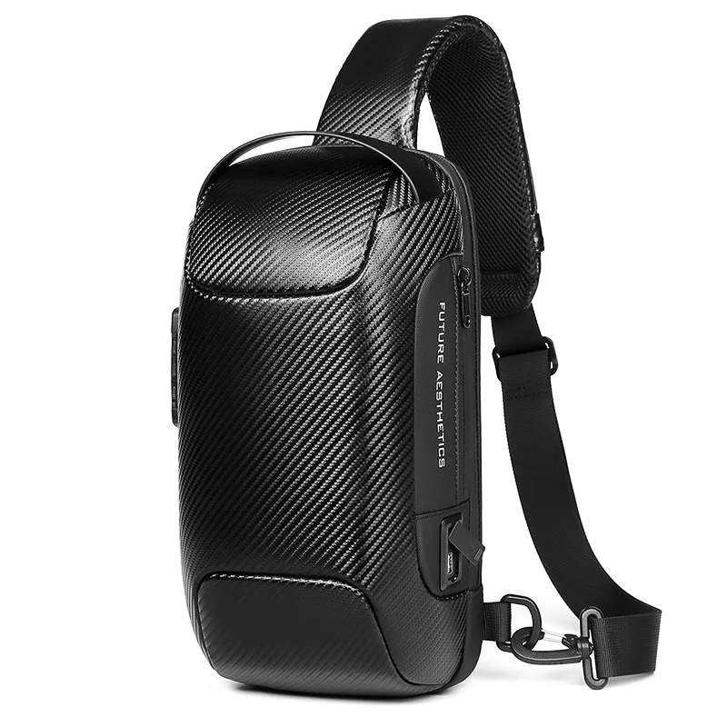 

Factory hot sell custom carbon fibre shoulder wholesale mens sling bags crossbody waterproof Chest Bag men sling bag, Black