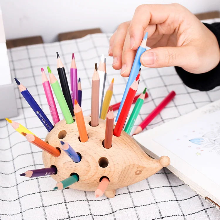 
Wooden animal Hedgehog 24 Hole Pen Inserted Stand Multi-Functional Desk Holder for Children Pencil Holder Fashion With 24 Colors 