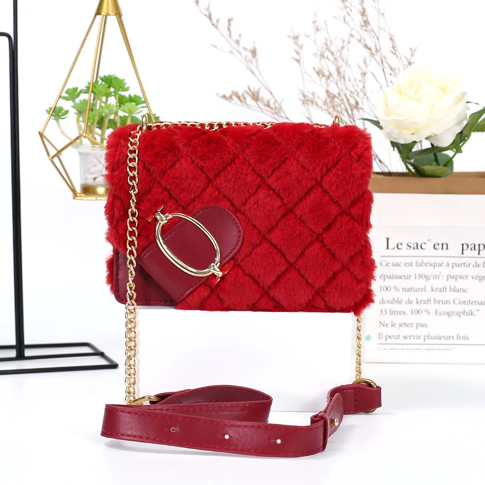 

Hot Selling High-Quality Messenger Bag Lingge Plush Women Hand Bag Chain Single Shoulder Plush Small Square Designer Handbags