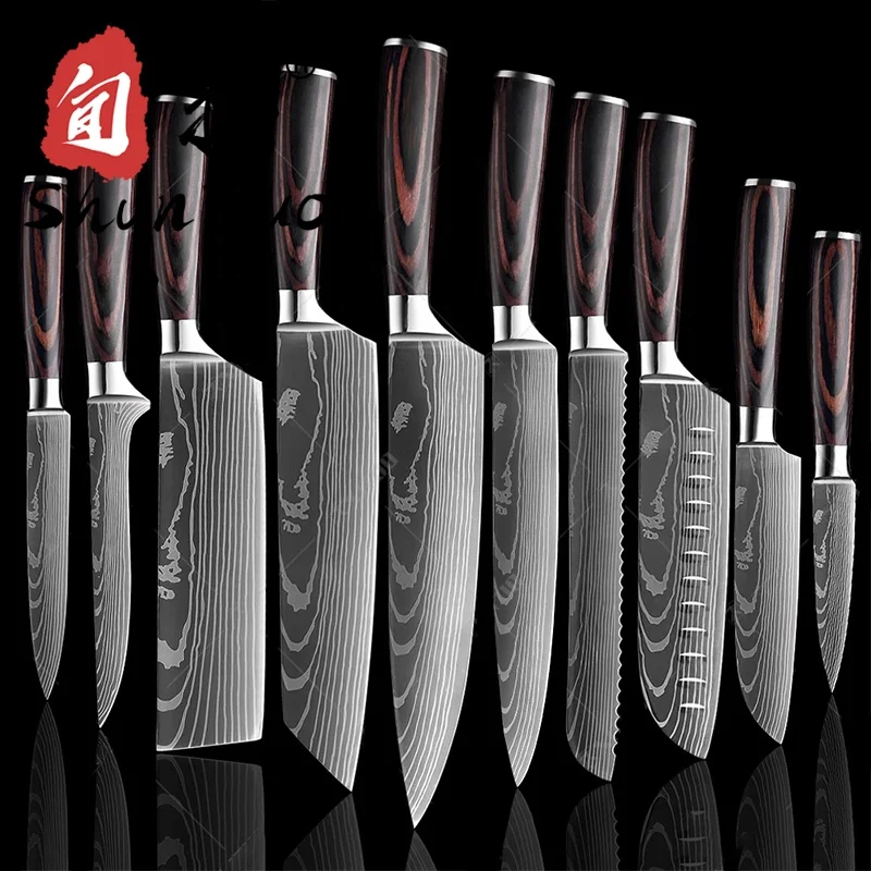 

10 pcs damascus pattern carbon steel color handle kitchen chef santoku sciling bread cleaver butcher utility paring knife set, Natural