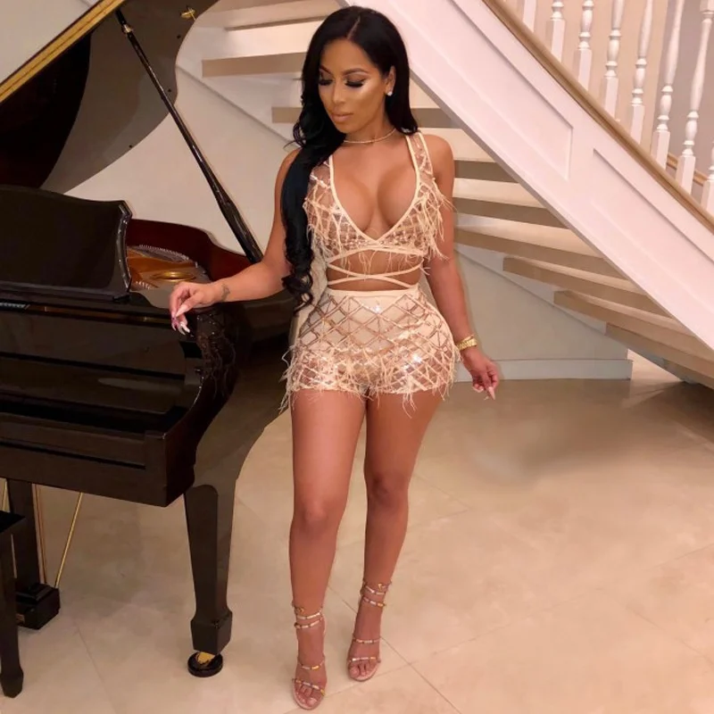 

DressNOVA Plus Size Nightclub Sexy Mesh Sequins Feather Two Piece Short Pants Set Crop Top and Shorts Suit Matching Sets