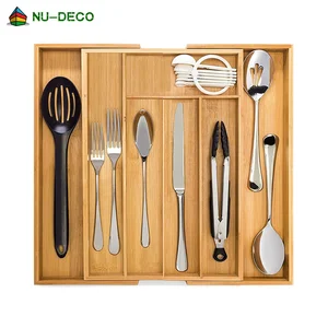 Image of 100% Natural Bamboo stretchable Kitchen Adjustable Cutlery Tray Drawer Organizer With Knife Block