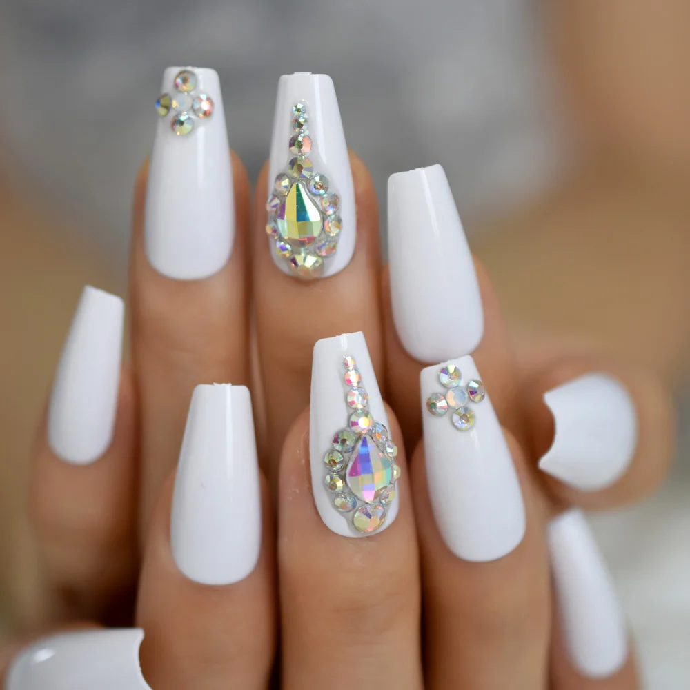 

24pcs White False Nail Rhinestone Decoration Long Ballet Nail Wearable Artificial Fingernails