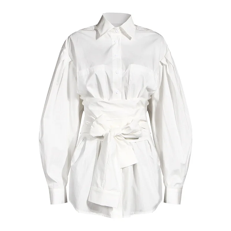 

2020 new arrival Ladies Casual Autumn Winter Ruffle long Blouse White Shirt with waist belt Women Blouses and Tops Lady