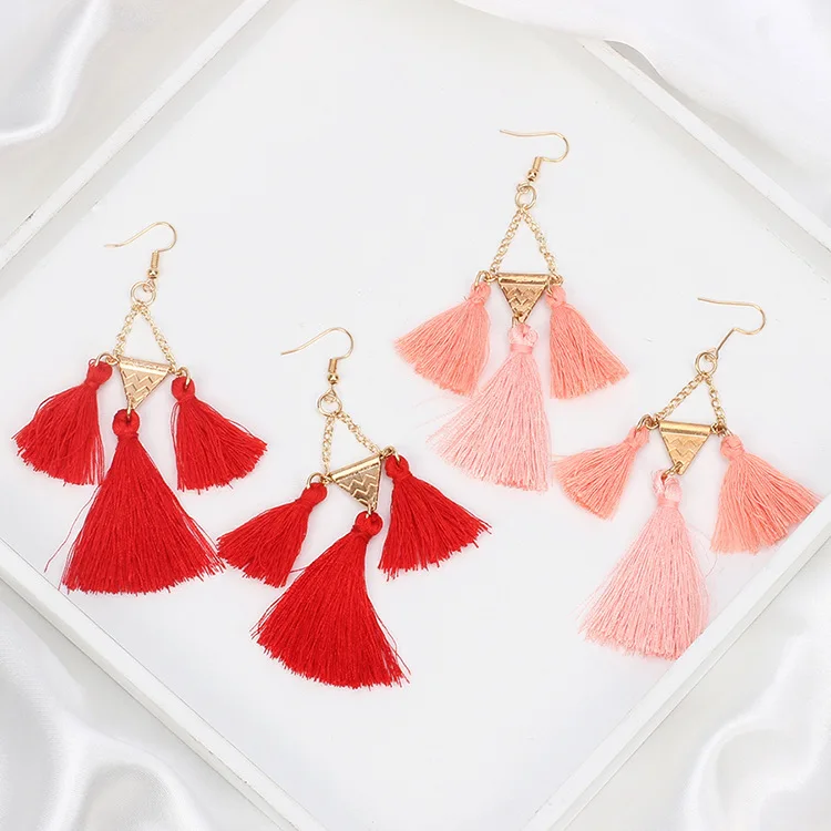 

Jachon Bohemian Stylish chandelier earrings Geometry Triangle Shaped Jewelry Bright Candy Color Tassel Long Drop Women Earrings, As picture