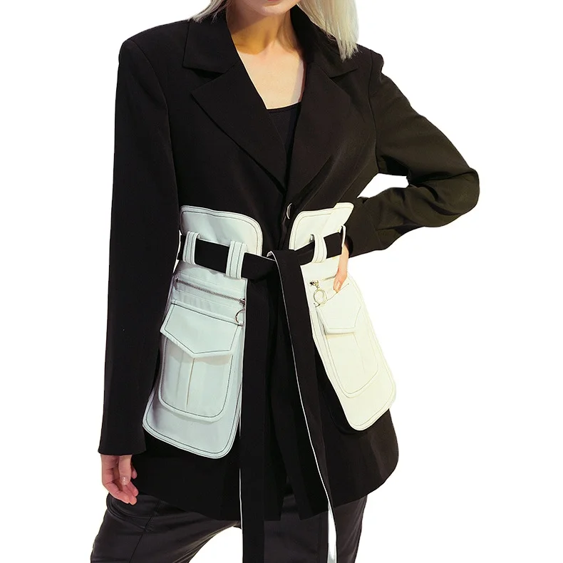 

2020 new arrivals fall and winter collection wholesale fashion design contrast color retro women blazer jacket with waist band