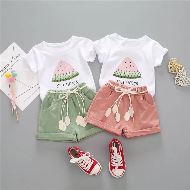 

Summer Girls' Clothing Sets T Shirt with Shorts Two Piece Pants Set Cute Print Kids Summer Clothes Set, 2 colors