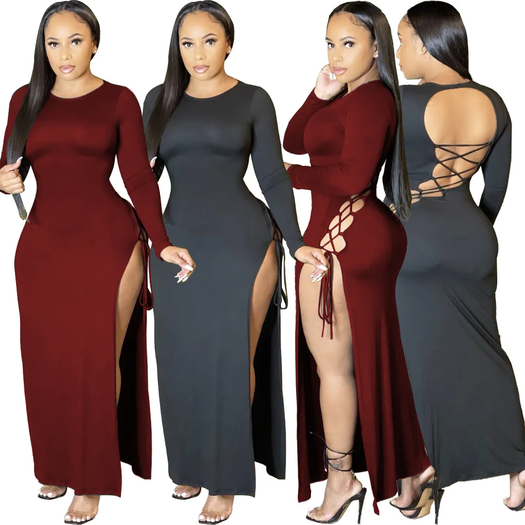 

Hollow Out Backless Dresses Autumn Women Clothing Black Party Dress Maxi Bandage Dresses Sexy 2021, Picture color