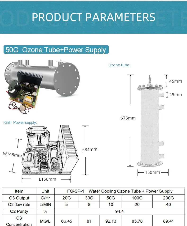 20g/h Adjustable Water-cooled Quartz Glass Ozone Generator Tube with Power Supply