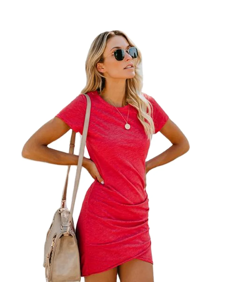 

2021Sexy Short Tank Top Sun Dress Elegant short sleeve Crew Neck Bodycon Shirt Short Mini Casual Dress Wholesale Custom Label, Picture shows