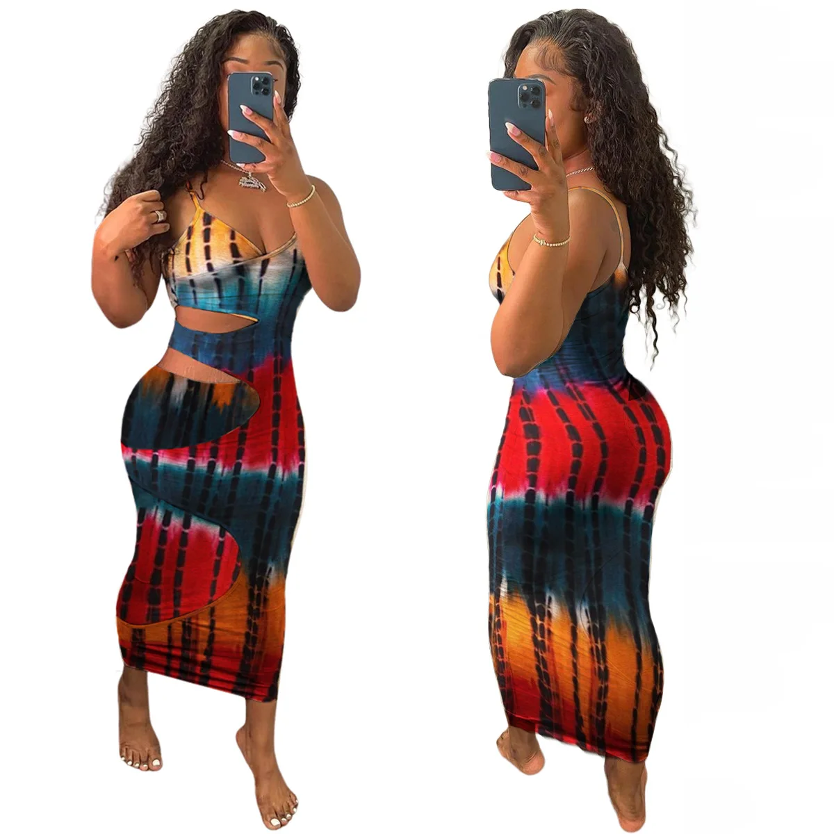 

Bodycon Tube Tie Dye Summer Sun Dresses 2021 Colorful Women Cut Out Summer Dress Womens Clothing V Neck Tie Dye Midi Dress