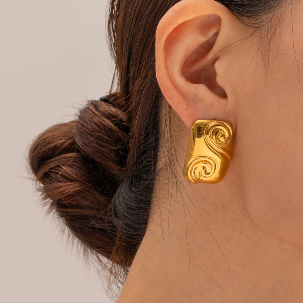 

J&D Statement 18K Gold Plated Earrings Waterproof Stainless Steel Square Embossed Spiral Design Earrings