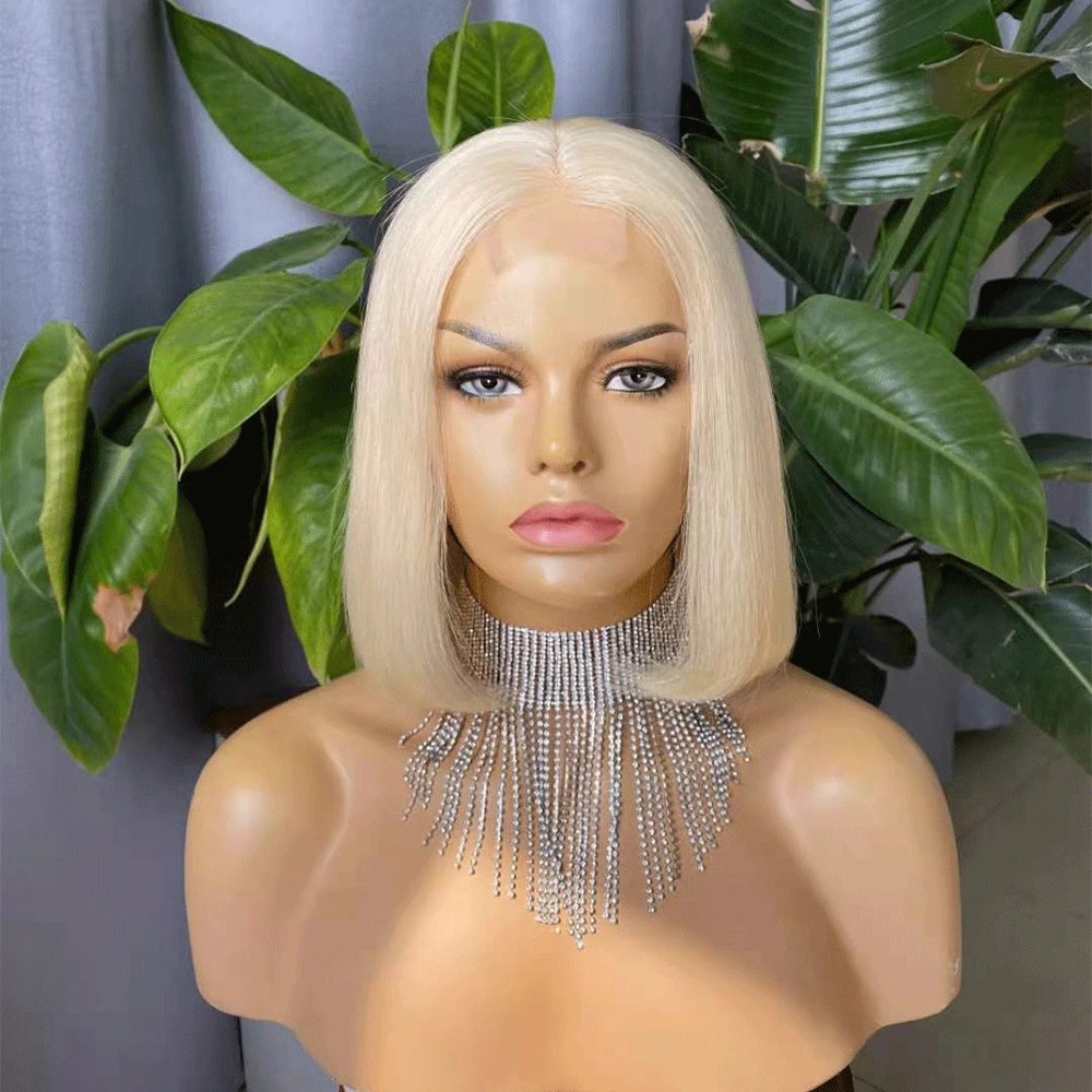 

Wholesale 1.5x4" Closure Wig Brazilian Virgin Hair Blonde fringe Bob Wig For Women