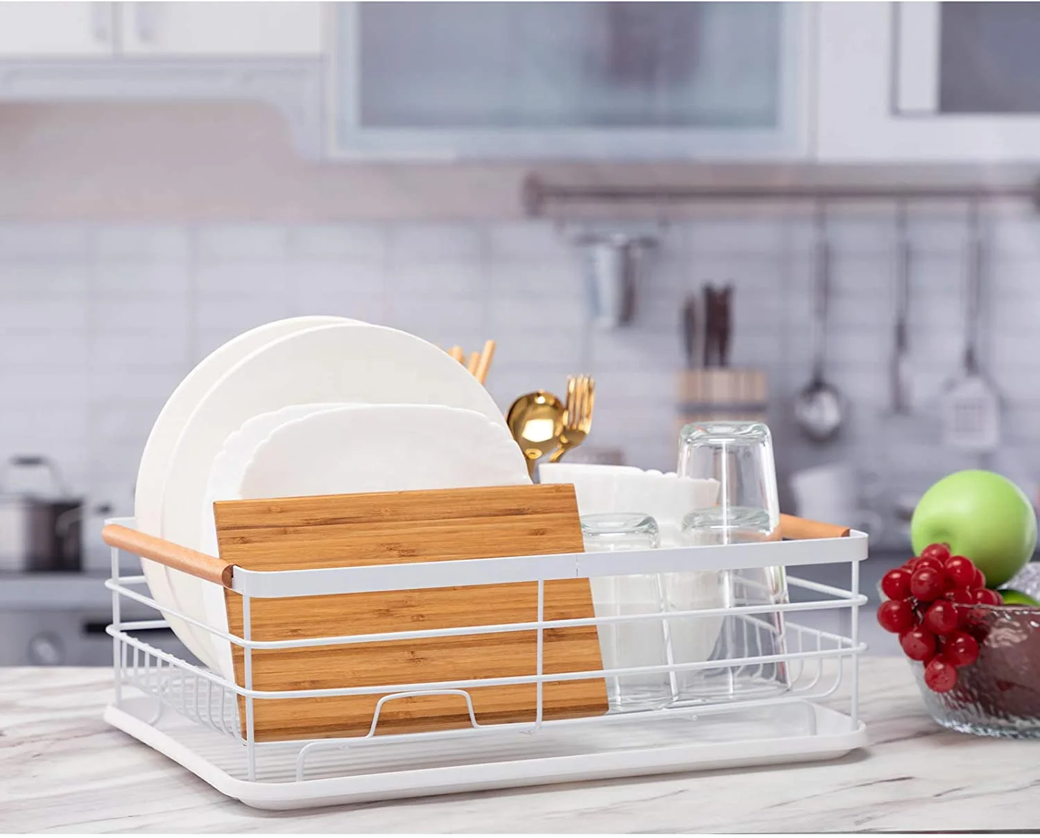 

Modern Wood Handle Dish Drying Rack With Full-Mesh Storage Basket