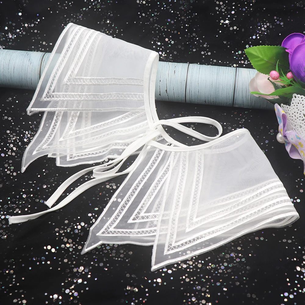 GH-138 Fashion Front Tie White O-Neck Detachable Embroidery Strip Organza Women Female Fake Collar for Dress Garment Accessories