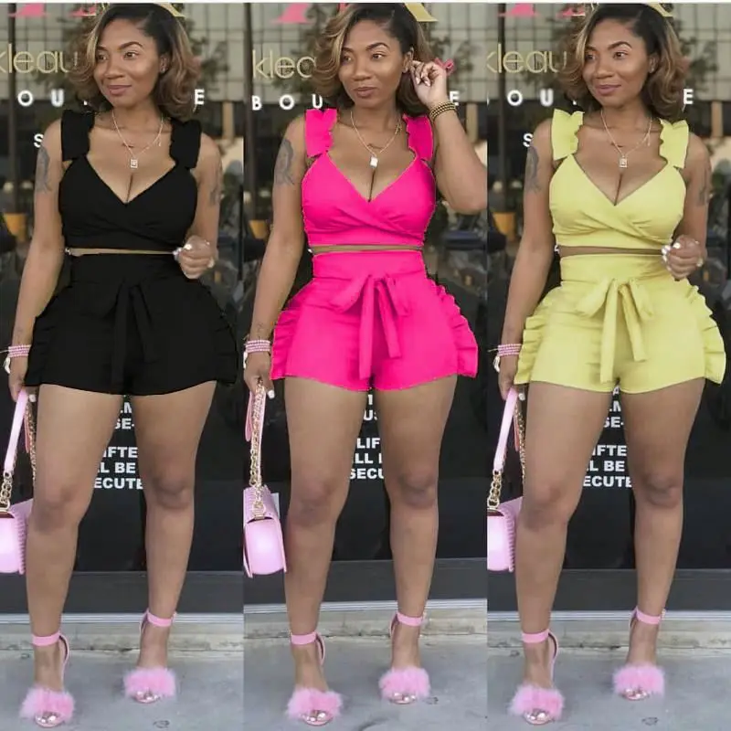 

H2107 - women modern solid ruffles shorts and bra two piece set