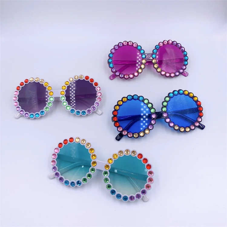 

2021 Wholesale Custom Cute Diamond Children Sun Glasses Round Vintage Rhinestone Fashion Luxury Kids Sunglasses