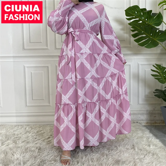 

6556#New Printing With Lining Long Islamic Clothing Muslim Women Maxi Party Dresses Abaya, Pink/white