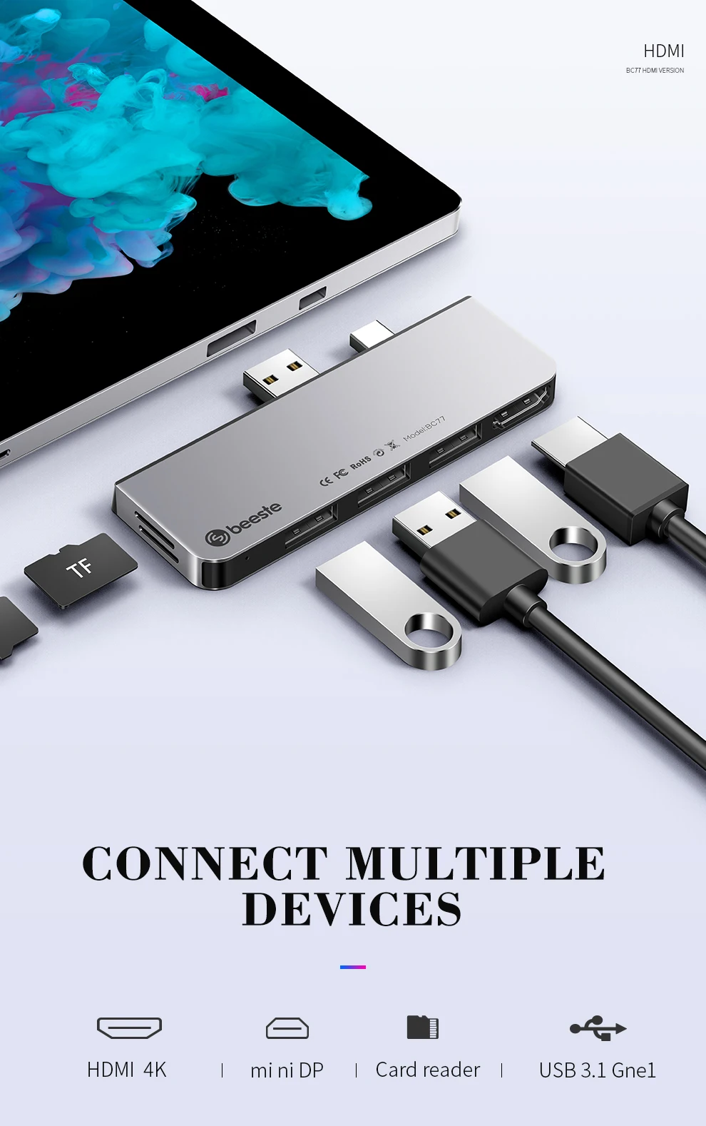 Beeste 2020 NOU sta?ie de andocare 7 în 1 hub usb c USB 3.1Gne1 x 3 HDMI x 1 card TF x 2 pentru Surface Pro 5/6