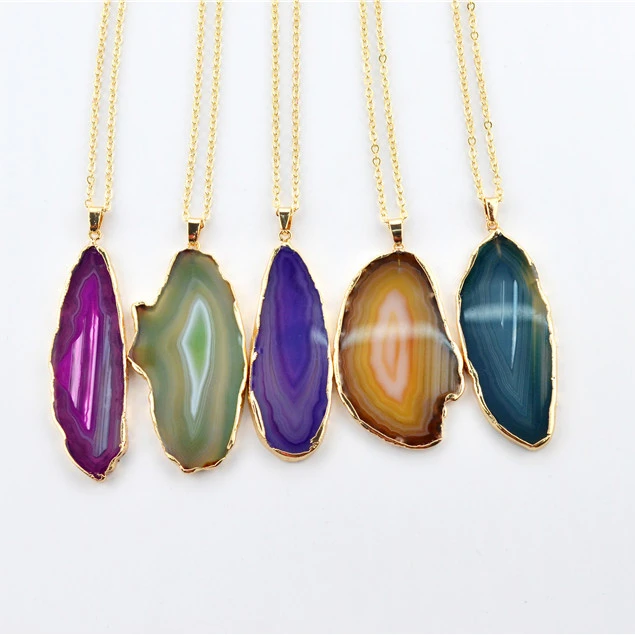 

JUHU 2021 summer New INS agate piece pendant gilt edge individual handmade necklace Crystal Healing Stone jewelry wholesale, Gold