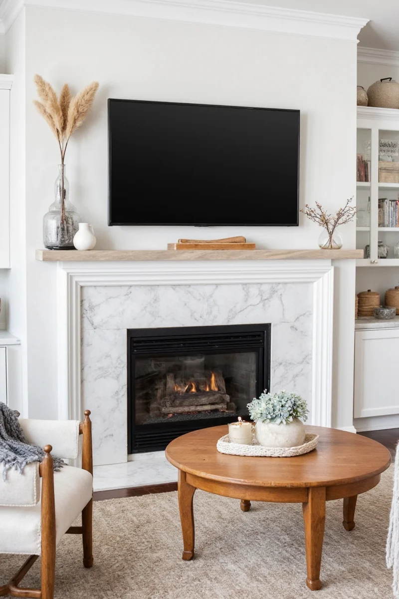 Decorative storage near fireplace and TV