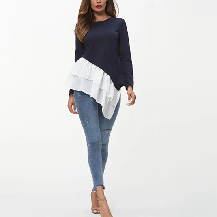 

WW-0497 T-shirt Women Long Sleeve Splicing Falbala Coat Tops Trending Women Patchwork Top Long Sleeve, Customized color
